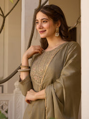 Dusty Rose Kurta Set with Floral Print Dupatta