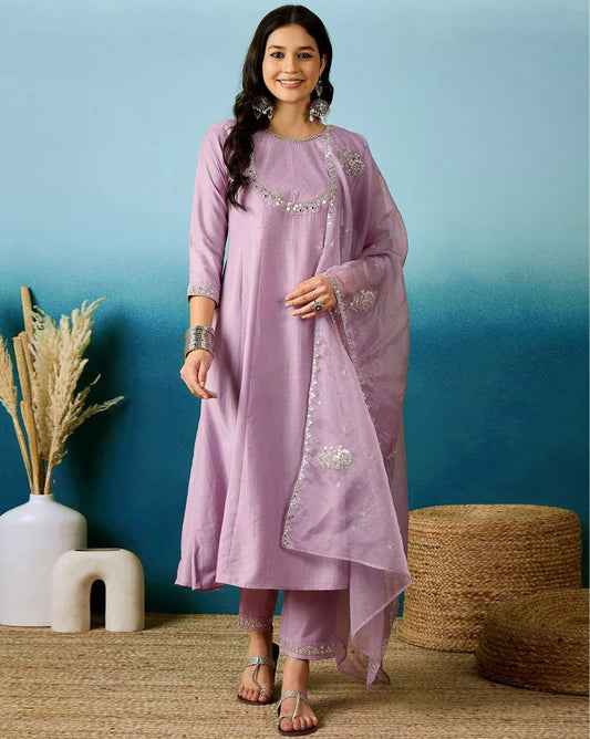 Lavender Silk Kurta Set with Mirror Work