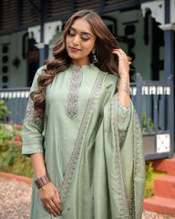 Olive Green Silk Blend Kurta Set with Embroidered Dupatta