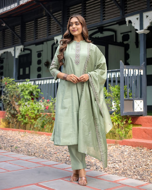 Olive Green Silk Blend Kurta Set with Embroidered Dupatta