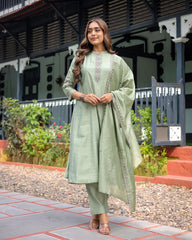 Olive Green Silk Blend Kurta Set with Embroidered Dupatta