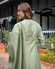 Olive Green Silk Blend Kurta Set with Embroidered Dupatta