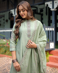 Olive Green Silk Blend Kurta Set with Embroidered Dupatta