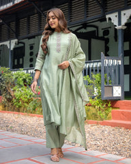 Olive Green Silk Blend Kurta Set with Embroidered Dupatta