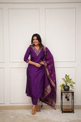 Royal Purple Silk Kurta Set with Banarasi Dupatta