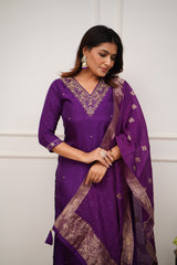 Royal Purple Silk Kurta Set with Banarasi Dupatta