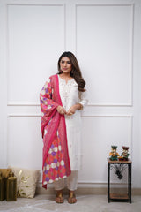 White Kurta Set with Pink Printed Silk Dupatta
