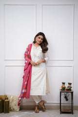 White Kurta Set with Pink Printed Silk Dupatta