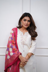 White Kurta Set with Pink Printed Silk Dupatta