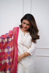 White Kurta Set with Pink Printed Silk Dupatta