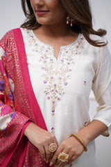 White Kurta Set with Pink Printed Silk Dupatta