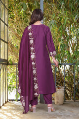 Purple Anarkali Kurta Set with Floral Embroidery