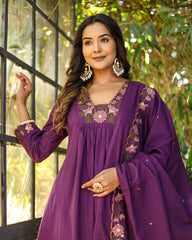 Purple Anarkali Kurta Set with Floral Embroidery