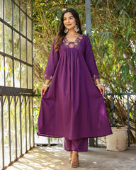 Purple Anarkali Kurta Set with Floral Embroidery