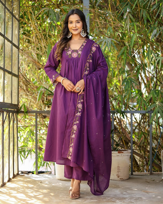 Purple Anarkali Kurta Set with Floral Embroidery