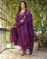 Purple Anarkali Kurta Set with Floral Embroidery