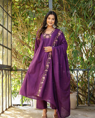 Purple Anarkali Kurta Set with Floral Embroidery