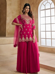Rani Pink Kurta Set with Heavy Golden Embroidery