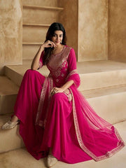 Rani Pink Kurta Set with Heavy Golden Embroidery