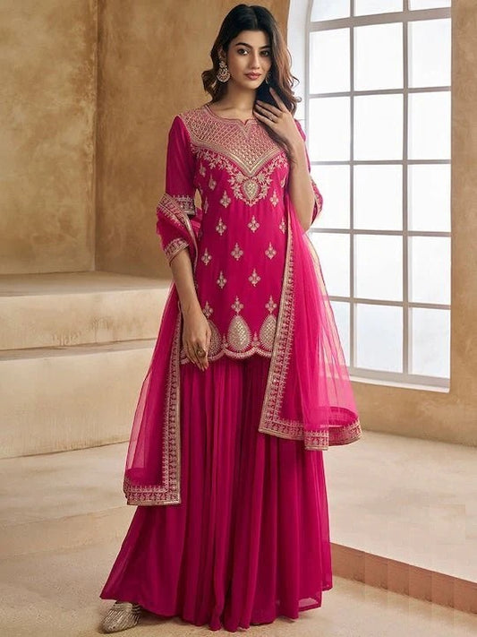 Rani Pink Kurta Set with Heavy Golden Embroidery