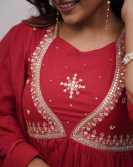 Red Anarkali Kurta Set with Gold Embroidery