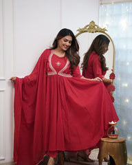 Red Anarkali Kurta Set with Gold Embroidery
