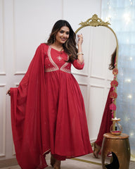 Red Anarkali Kurta Set with Gold Embroidery