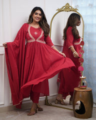 Red Anarkali Kurta Set with Gold Embroidery