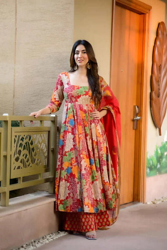 Red and Multi-color Floral Anarkali Set