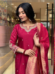 Rani pink silk kurta set with banarasi dupatta