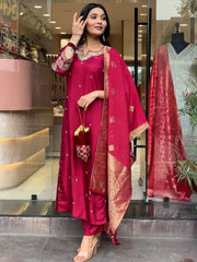 Rani pink silk kurta set with banarasi dupatta