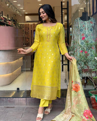Bright Yellow Kurta Set with Floral Organza Dupatta