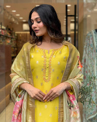 Bright Yellow Kurta Set with Floral Organza Dupatta