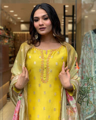 Bright Yellow Kurta Set with Floral Organza Dupatta