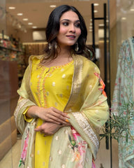 Bright Yellow Kurta Set with Floral Organza Dupatta