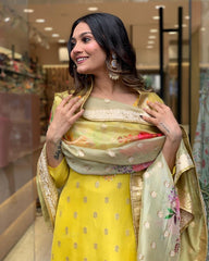 Bright Yellow Kurta Set with Floral Organza Dupatta