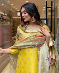 Bright Yellow Kurta Set with Floral Organza Dupatta