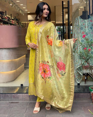 Bright Yellow Kurta Set with Floral Organza Dupatta