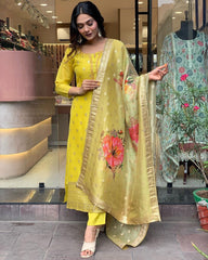 Bright Yellow Kurta Set with Floral Organza Dupatta