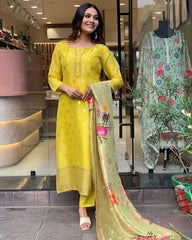 Bright Yellow Kurta Set with Floral Organza Dupatta