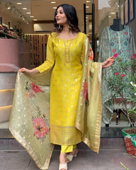 Bright Yellow Kurta Set with Floral Organza Dupatta