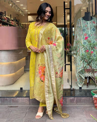 Bright Yellow Kurta Set with Floral Organza Dupatta