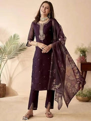 Deep Wine Kurta Set with Printed Dupatta