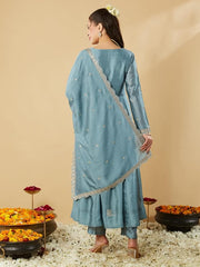 Powder Blue Silk Kurta Set with Embroidered Dupatta