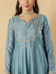 Powder Blue Silk Kurta Set with Embroidered Dupatta