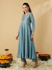 Powder Blue Silk Kurta Set with Embroidered Dupatta