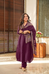 Plum Purple Cotton Kurta Set with Printed Dupatta