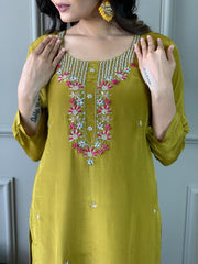 Mustard Yellow Embroidered Kurta Set with Floral Dupatta