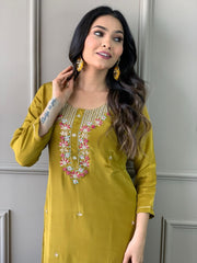 Mustard Yellow Embroidered Kurta Set with Floral Dupatta