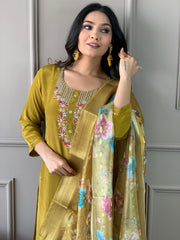 Mustard Yellow Embroidered Kurta Set with Floral Dupatta